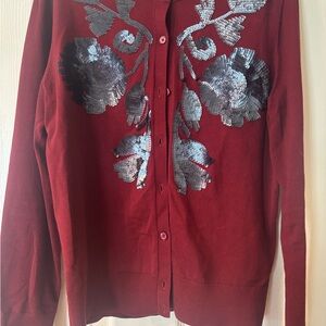 J. Crew Burgundy Cardigan with Navy Sequin Floral Appliqué